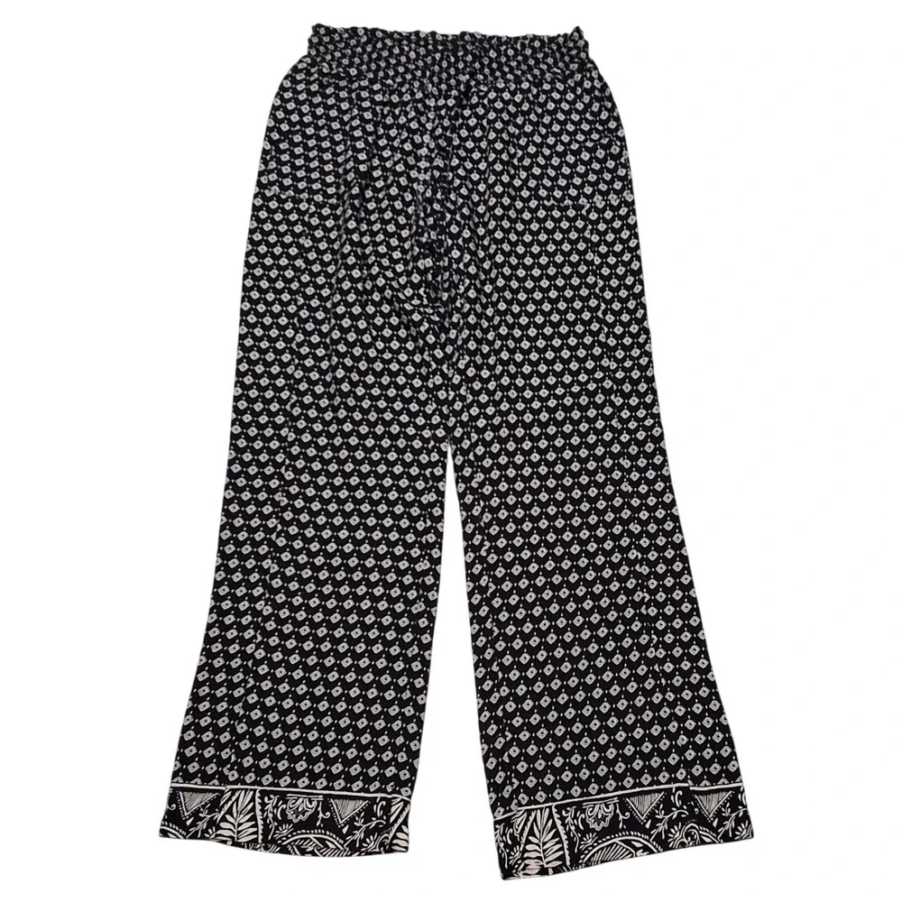Roxy Womens Wide Leg Smocked Waist Boho Geometric‎ Print Viscose Pants Black M